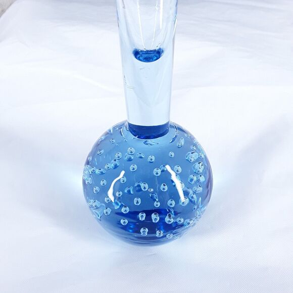 9.75" Bud Vase, Hand Blown Glass, Controlled Bubble, Light Blue Ice Blue, single - Picture 4 of 7